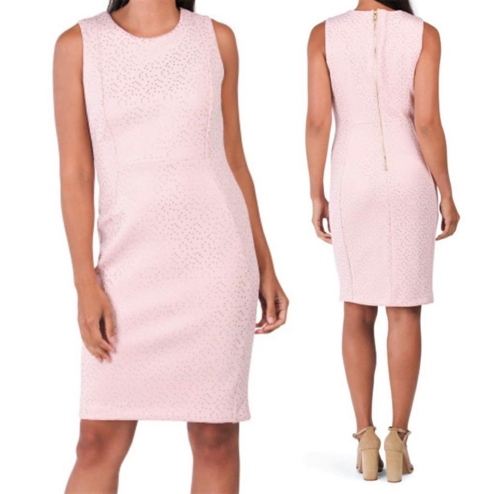 Carmen Marc Valvo Blush Pink & Gold Textured Sheath Dress Size 10